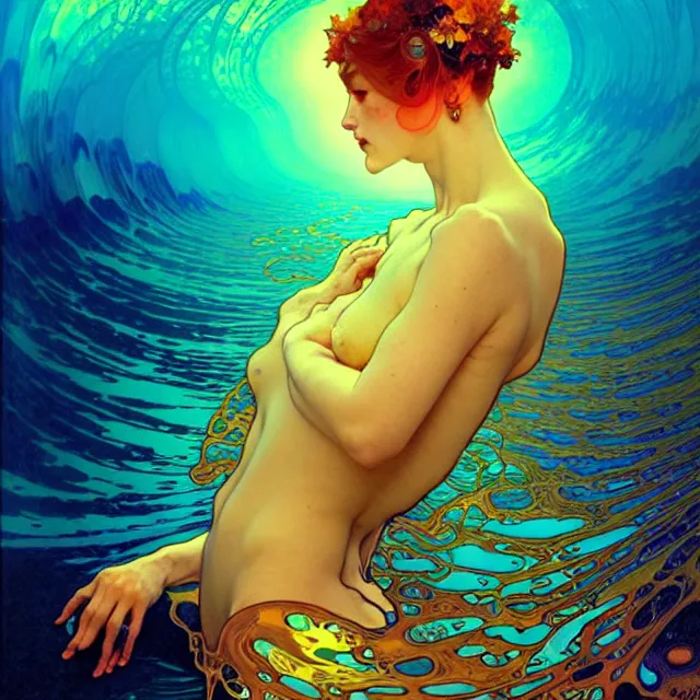 Image similar to mind bending ocean waves of glossy psychedelic liquid honey drops flowing like kaleidoscopic translucent amber, lsd waves, lsd ripples, crystal clear, backlit, sunset, refracted lighting, art by collier, albert aublet, krenz cushart, artem demura, alphonse mucha