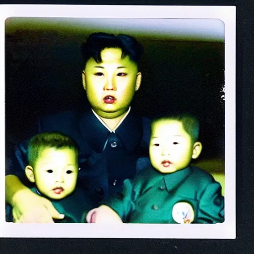 Image similar to kim jong creepy family, driking blood of his son, polaroid