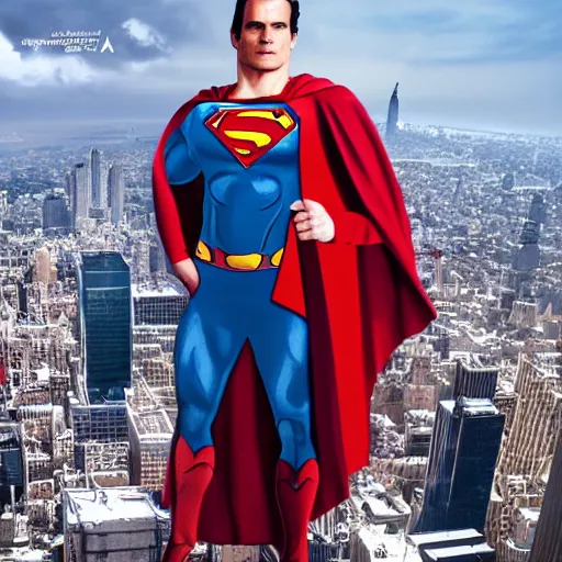 Image similar to Incredible cinematic realistic image of Henry Cavill dressing up the cape as Superman at top of empire state, trending on artstation, matte painting, hyper realistic, unreal engine render