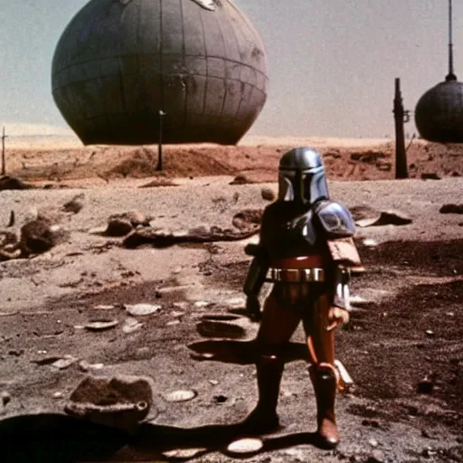 Image similar to mandalorian with atomic bomb explosion behind him, vintage color photo