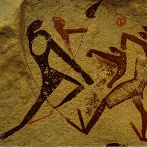 Prompt: a photo of neolithic cave painting of patapons fighting a giant bird, 4 k, history channel, patapon game, high quality