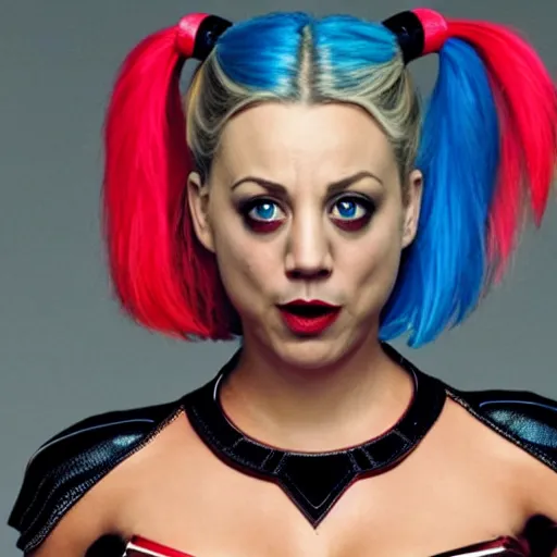 Image similar to A still of Kaley Cuoco as Harley Quinn