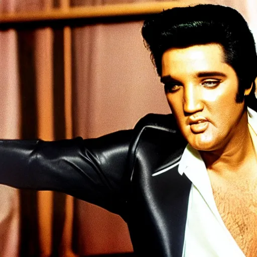 Image similar to elvis posing for a promotional still for his 1 9 8 8 comeback special part 2, 3 5 mm production still