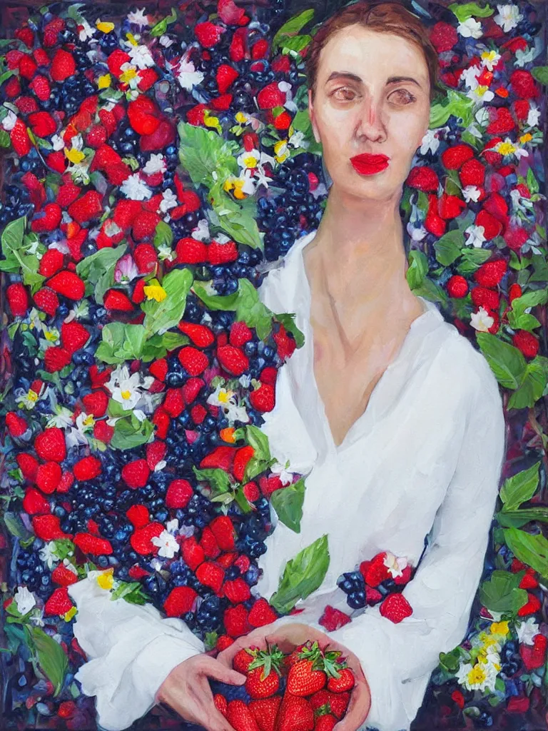 Image similar to “organic, portrait of a woman wearing white silk, neoexpressionist, eating luscious fresh raspberries and strawberries and blueberries, edible flowers, acrylic and spray paint and oilstick on canvas”