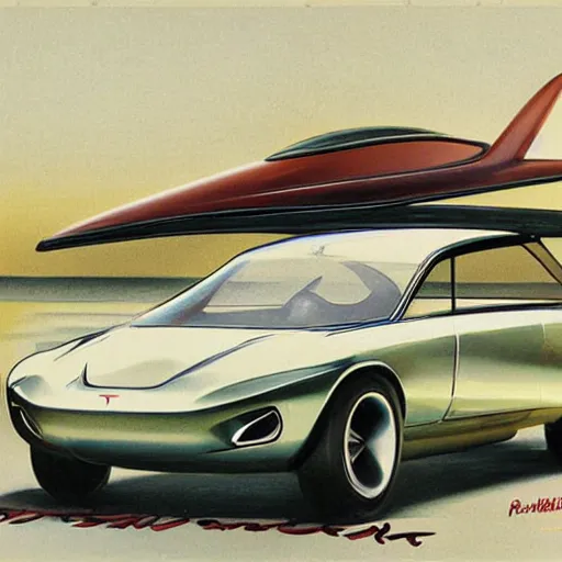Image similar to retrofuturistic tesla model 3, 1 9 6 0 s sports car concept art