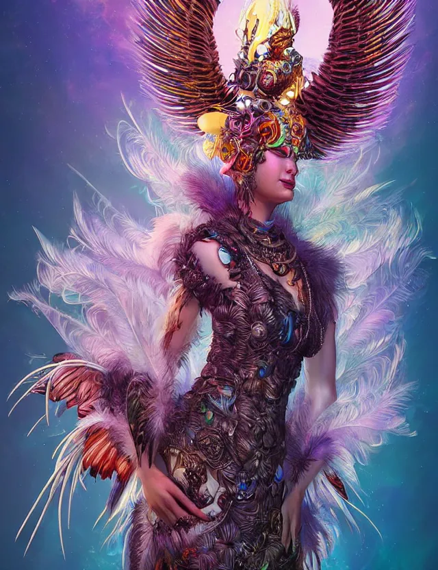 Prompt: 3 d goddess wide angle portrait with feathers, fur, and bones. beautiful intricately detailed avante garde eagle mask and retrowave sorceress outfit. vibrant birds, bio luminescent mushrooms, mycelium, plasma, creature, artwork by tooth wu and android jones wlop and android jones and beeple and greg rutkowski