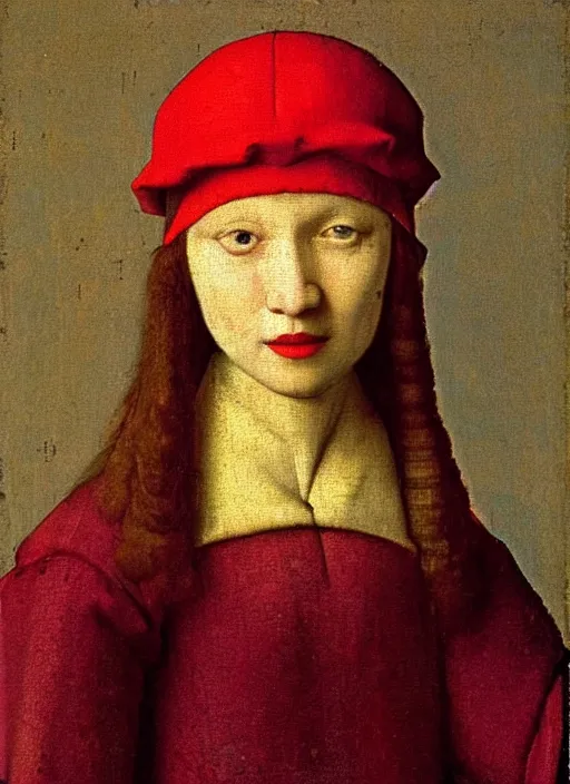 Image similar to red hat, medieval painting by jan van eyck, johannes vermeer