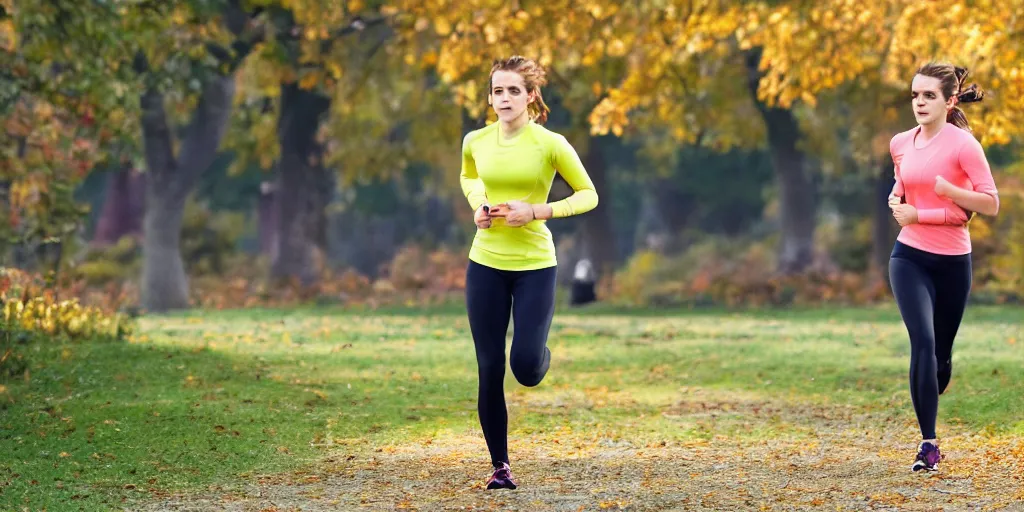 Prompt: Emma Watson going for a run in a park during fall, wearing a tight athletic top. Golden Hour Lighting. 4K HD Wallpaper. Premium Prints Available