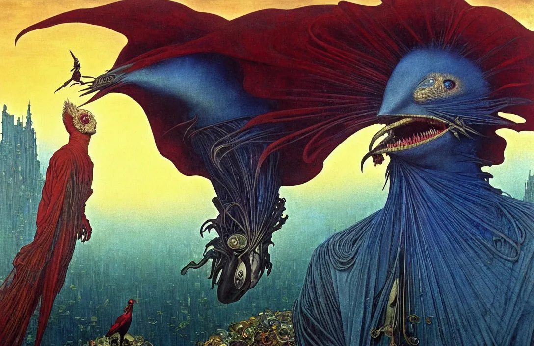 Image similar to realistic detailed portrait movie shot of a birdman wearing a dark robes, sci fi city landscape background by denis villeneuve, amano, yves tanguy, alphonse mucha, ernst haeckel, max ernst, roger dean, masterpiece, rich moody colours, dog teeth, blue eyes, sunset