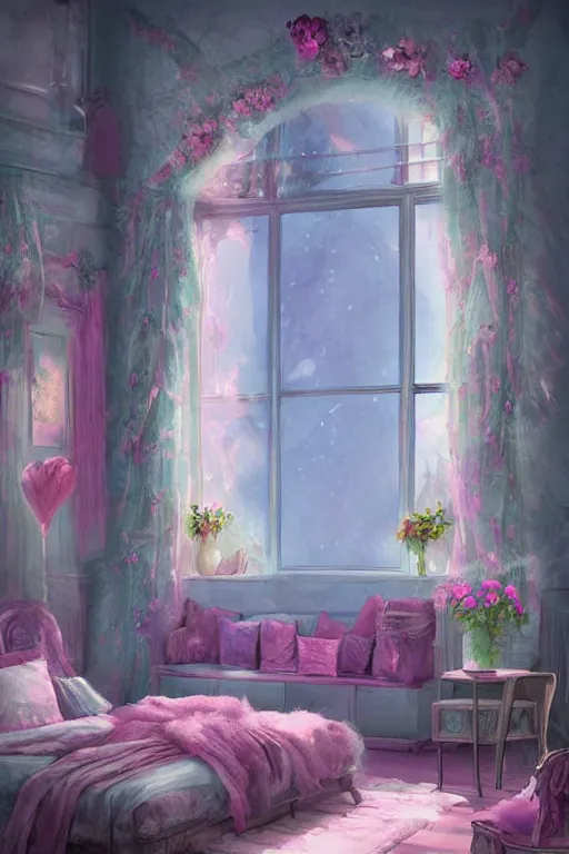 Image similar to matte sharp painting shabby chic room with windows mark rydel, artgerm, lisa frank, artstation behance storybook