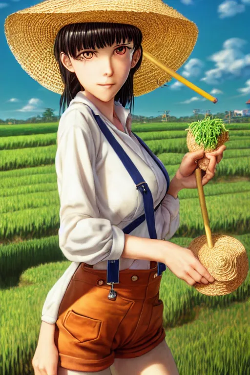 Prompt: mandragora farmer girl working on the sunny day, wearing a suspender and straw hat, artgerm, artstation, art by hiroaki samura and jiro matsumoto and yusuke murata, fantasy, box office hit, movie poster, unreal engine, octane render, sharp focus, high quality, highly detailed 8 k