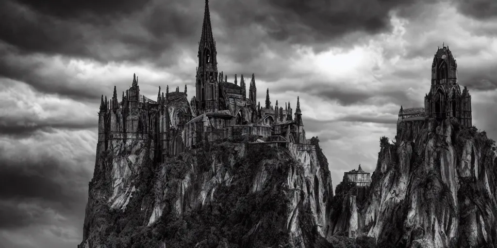 Image similar to dramatic film still of a cathedral by denis villeneuve, gothic architecture, top of a canyon, vultures, 24mm angle, studio ghibli and eddie mendoza, atmospheric, stormy, dramatic skies, moody, dark, cinematic, volumetric lighting, 8K