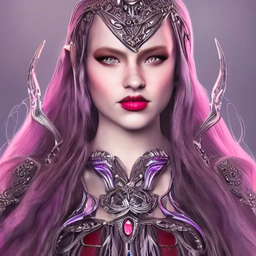 Prompt: high detailed symmetrical face, a stunning beautiful giorgia-era dress, character concept art, Rich Beautiful fantasy high elves, ethereal bohemian waxwing bird armor, welding magic, red messy hair with flowers and silver, purple lipstick, sword and shield fighting stance, 4k quality, unreal engine 5, high detail, photorealistic, no blur