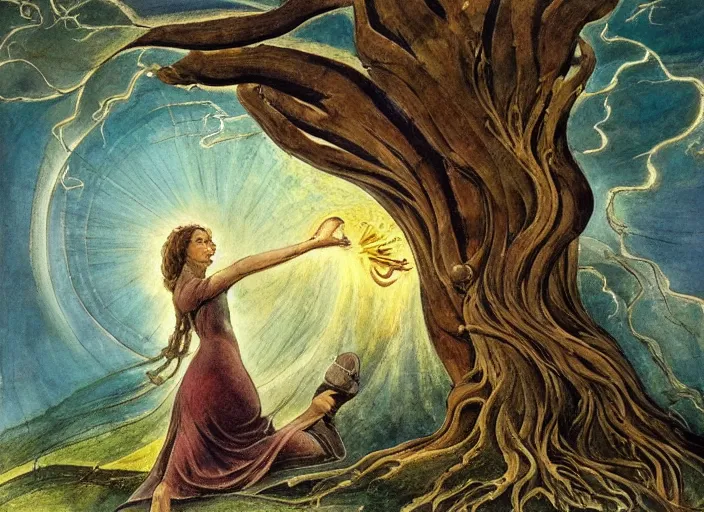 Image similar to most beautiful tree lance seeker of wisdom gentile in the style of william blake, terese nielsen, detailed, intricate, steve argyle, most beatiful faces, cinematic, dramatic lighting, 8 k resolution, pastoral fantastic reality