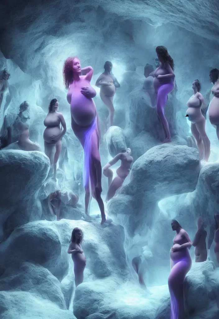 Image similar to epic pregnant woman talking to all her tribe with fluorescence bodies, proud people gather around the pregnant woman, ice cave, facinating, fantasy digital art, octane render, beautiful coherent composition, trending on artstation, matte painting, masterpiece