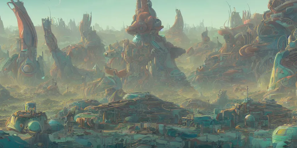 Image similar to a martian colony, digital painting by peter mohrbacher, moebius, daniel taylor, darius puia, and studio ghibli, sci fi, toon shading