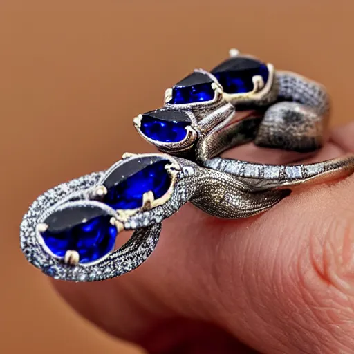 Prompt: Snake-shaped ring twisted on finger with sapphire eyes and diamond-covered body