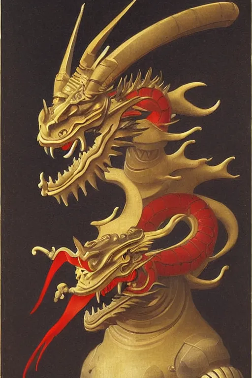 Image similar to a astronaut his face is chinese dragon head, in armor and chinese dragon helmet, by bouguereau