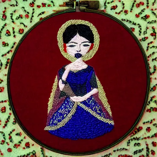 Image similar to a tiny beautiful handmade embroidery of a woman. hand embroidery.