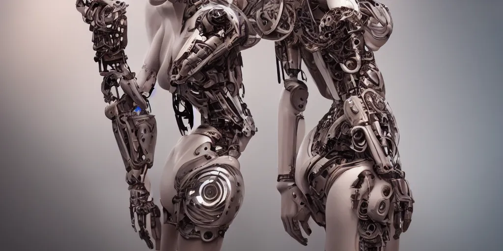 Image similar to photorealistic gorgeous symmetrical female cyborg, holding intimately, holding hands, highly detailed, arms, back, intricate, in the style of westworld, beth cavener, jin kagetsu, wlop, masterpiece, concept art, high key lighting, ambient lighting, octane render, 8 k, artstation
