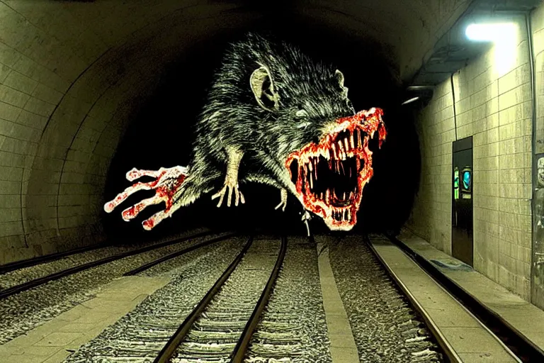 Image similar to very large giant mutant zombie irradiated ( angry rat ) staying on railways in tonnel of moscow subway. tonnel, railways, giant angry rat, furr, fangs, claws, very realistic. fog, extreme long shot, herman nitsch, giger.