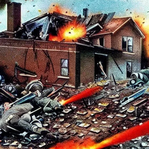 Image similar to color photo from the 80s, the shelling of a house in New York by Soviet soldiers, Many soldiers,epic style, a bunch of explosions, realistic style