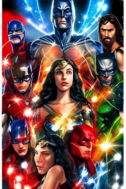 Prompt: movie poster justice league movie, drew struzan style art