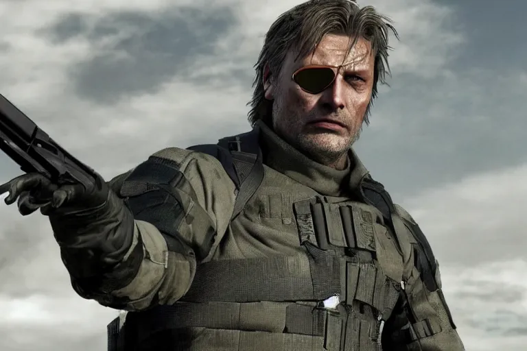 Prompt: Mads Mikkelsen as Solid Snake in Metal Gear Solid (2022), eye patch on his right eye, tactical gear, high quality 4k