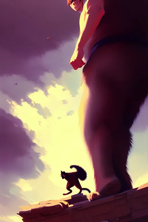 Image similar to a ultradetailed beautiful panting of a man chased by a giant cat, a very scary photo, by ilya kuvshinov, greg rutkowski and makoto shinkai, trending on artstation