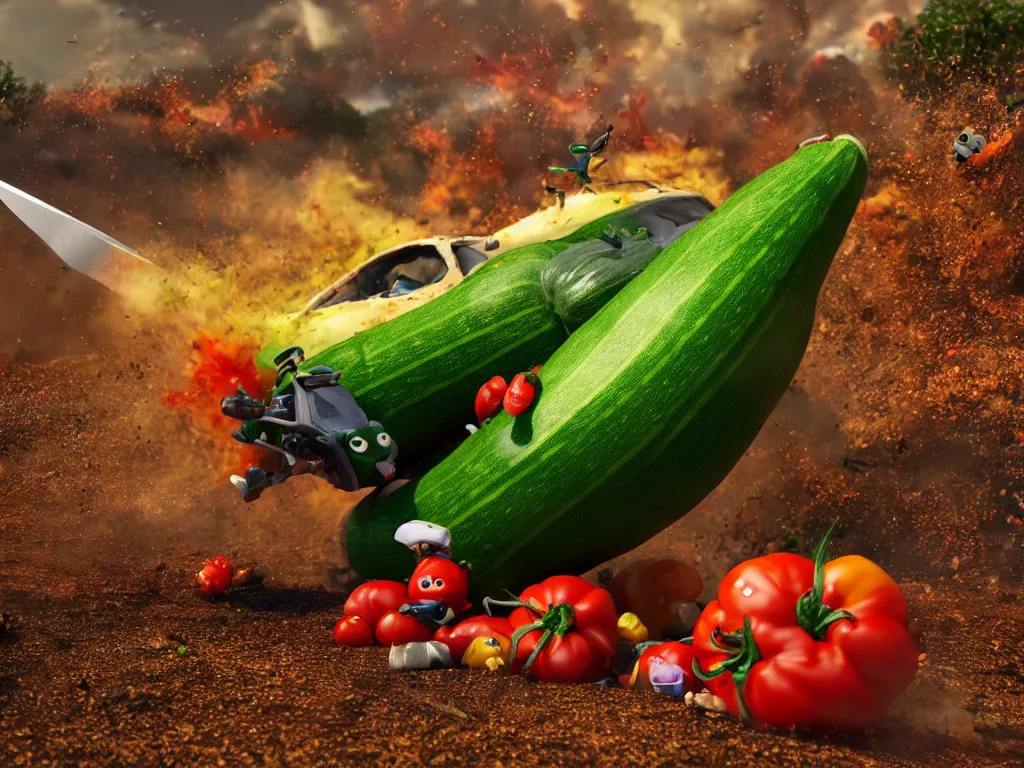 Image similar to detailed 3 d render of a raging zucchini character with burning scissors running on dirt road, scared tomates scattered everywhere, high speed action, explosions, dramatic scene, hyper realistic octane render, cinematic lighting, splatter, deviantart, black sky, lowbrow, frame from pixar movie