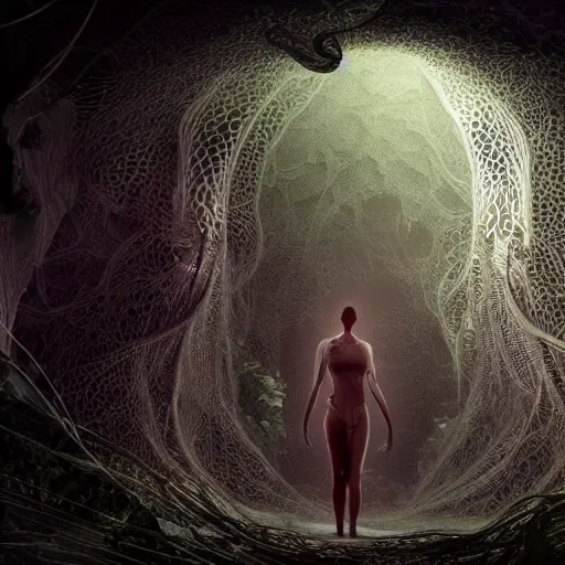 Image similar to biocomputer human organ inside a bio - neural antique lace, in a biomechanical cave forest, futuristic environment, matte painting, diffused lighting, highly detailed cinematic, atmosphere, diffused lighting, highly detailed digital art, trending on artstation, depth of field, wide angle