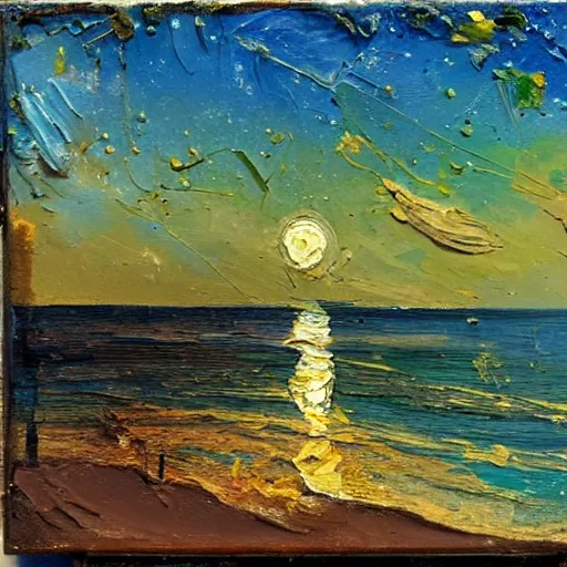 Image similar to oil paint impasto relief, beautiful night italian beach scene, rough sea, multi layered thick brush marks, some splattered paint, in the style of ivan shishkin and frank auerbach and van gogh