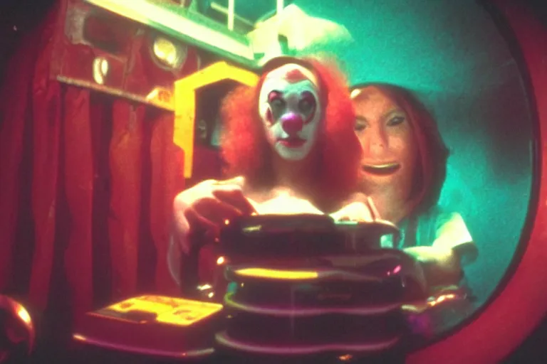 Prompt: clowngirl in clowncore funhouse, in 2 0 5 5, y 2 k cutecore clowncore, low - light photography, bathed in the glow of a crt monitor, still from a ridley scott movie