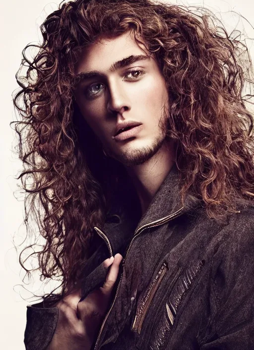 Image similar to a male model in designer clothes ; long curly hair ; pretty face ; high fashion ; editorial look ; unreal engine