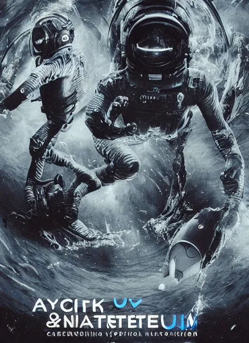 Image similar to astronauts in dark minimalists underwater void - hyperdetailed suit. reflection and dispersion materials. rays and dispersion of light. volumetric light. 5 0 mm, f / 3 2. noise film photo. flash photography. ultra realistic, wide angle. poster by wayne barlowe, hajime sorayama aaron horkey, craig mullins. dark key.