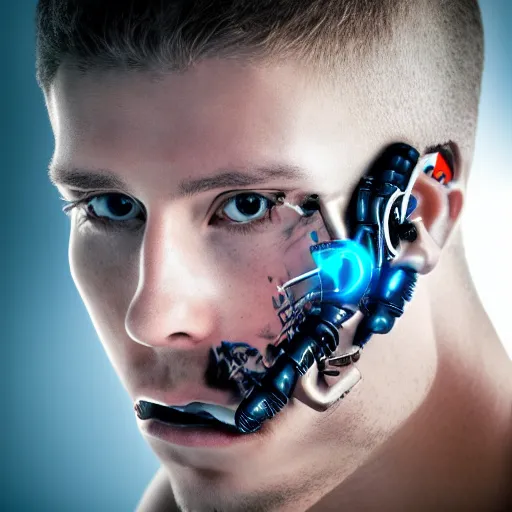 Prompt: portrait photo of a beautiful male cyborg