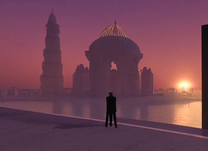 Image similar to jeddah city epic golden hour, magical time gate to another dimension, a man wearing a white robe standing watching over, dramatic lighting, dawn, by caspar david friedrich, unreal engine 5