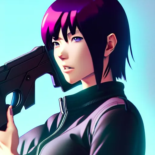 Image similar to motoko kusanagi with a gun in her hand, a character portrait by ilya kuvshinov, rossdraws, artgerm, sola digital arts, anti aliasing, trending on pixiv, sots art, official art, pixiv, anime raytracing