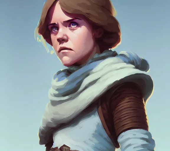 Image similar to portrait of female luke skywalker, fantasy, matte painting, illustration, hearthstone, by atey ghailan, by greg rutkowski, by greg tocchini, by james gilleard, by joe fenton, by kaethe butcher, dynamic lighting, gradient light blue, brown, blonde cream and white color scheme, grunge aesthetic