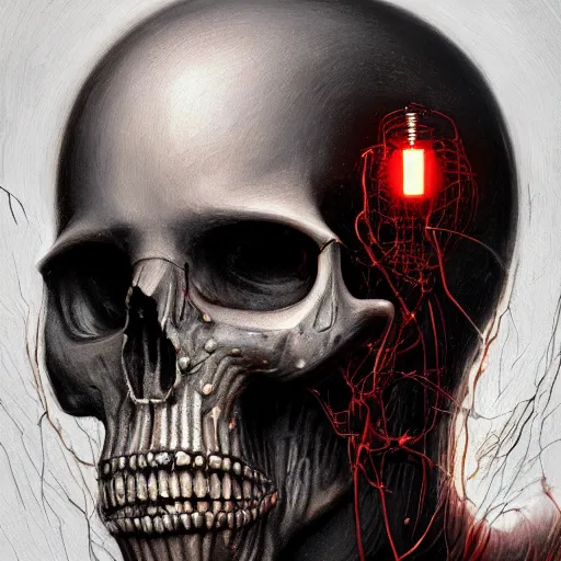 Image similar to surreal portrait of a man by Greg Rutkowski and H.R Giger, a biomechanical skull from whose sockets a red light emanates, between human and alien, connected by pipes and cables, terrifying, disturbing, cosmic void background, frightening, fascinating, highly detailed portrait, digital painting, book cover, artstation, concept art, smooth, sharp foccus ilustration, Artstation HQ.