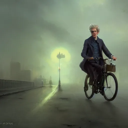 Prompt: cinematic shot epic portrait peter capaldi riding a bicycle in the streets, atmospheric, cloudy, broad light, ambient occlusion, volumetric light effect, made by ivan aivazovsky, peter mohrbacher, greg rutkowski, ross tran, matte painting, trending on artstation, 4 k, perfectly defined features, digital painting, cinematic, epic, highly detailed,