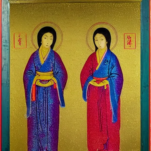 Prompt: portrait of 2 asian looking girls in iconography style andrei rublev glitter chinese ornament background