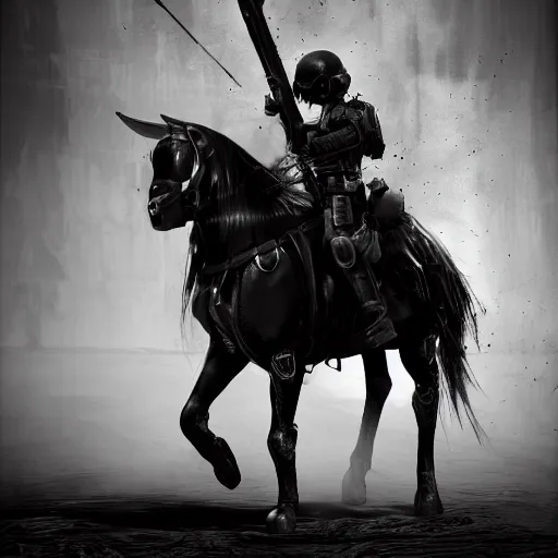 Prompt: death as a humanoid, holding a black flag with a white rose on the flag, riding a horse, rugged, black tactical gear, black and white, noir, futuristic, octane render, cinematic