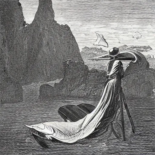 Image similar to The Innmouth look, deformed human fish in a tuxedo, portait shot, scenic image, drawing, illustration by Gustav Doré