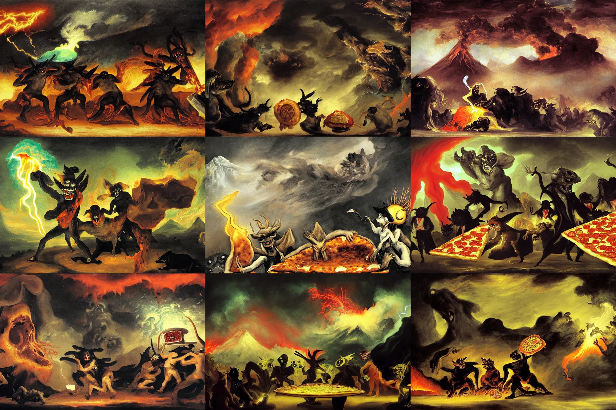 Prompt: masked demons grabbing a large pizza!!!, in the background is a volcano spewing lava and black smoke, streams of glowing hot lava, flashes of lightning in the distance. wide angle, long shot, an ultrafine detailed painting by francisco de goya, deviantart, pop surrealism