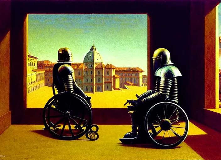 Image similar to knight in rich armor in a wheelchair do tricks & watch old tv, rome, highly detailed, soft lighting, elegant, by edward hopper and james gillard, zdislaw beksinski, stephen outram, andreas m wiese, carl spitzweg, highly detailed, masterpiece, unreal 6, 8 k