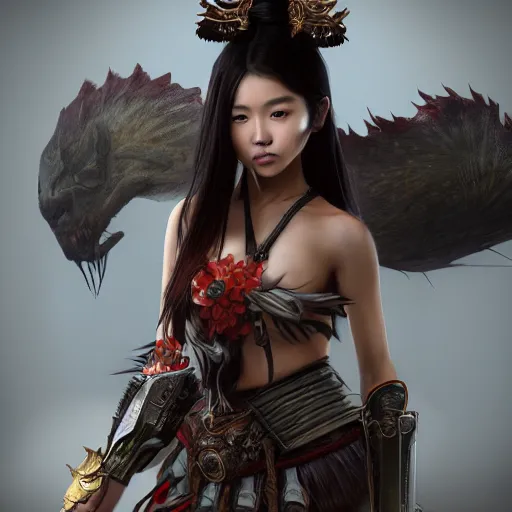 Prompt: a portrait of a full body beautiful asian girl, young with long geisha hair, wearing monster hunter armor, hunting, matte painting, hyper realistic, very detailed, intricate, very sexy pose, slight smile expression, unreal engine, dramatic cinematic lighting rendered by octane, 8 k, detailed