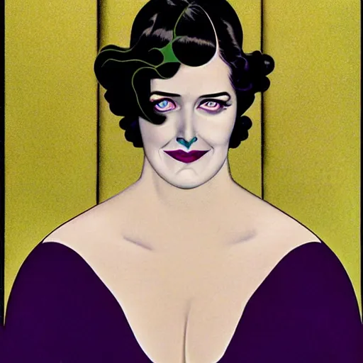 Prompt: Eva Green is Metamorpho, the Element Woman, Art by Coles Phillips, Chalk white skin, deep purple hair, Green eyes, Portrait of the actress, Eva Green as Metamorpho, carbon black and antique gold