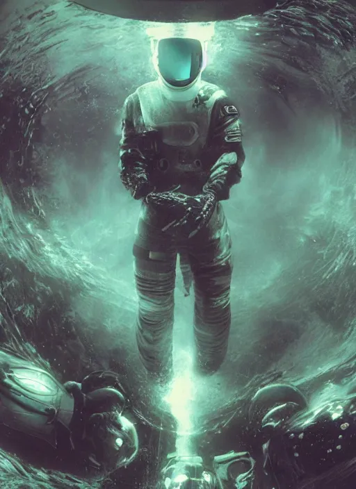 Image similar to astronauts in dark void underwater - complex and hyperdetailed technical suit. reflection and dispersion materials. rays and dispersion of light. volumetric light. f / 3 2. noise film photo. flash photography. ultra realistic, wide angle. poster by wayne barlowe, hajime sorayama aaron horkey, craig mullins