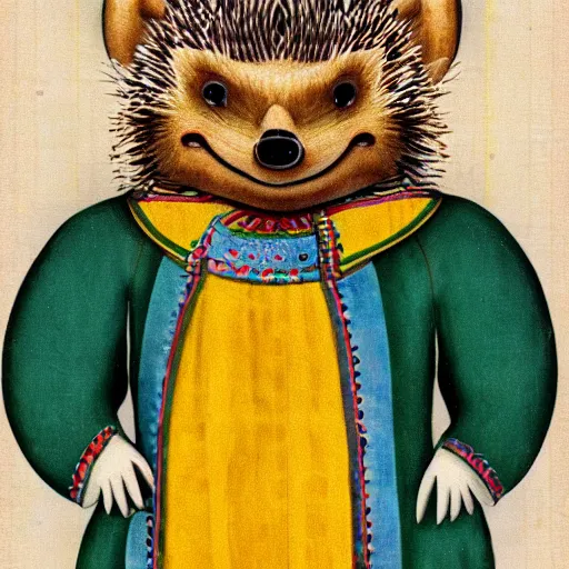 Image similar to anthropomorphic hedgehog wearing ukrainian national costume called vyshyvanka